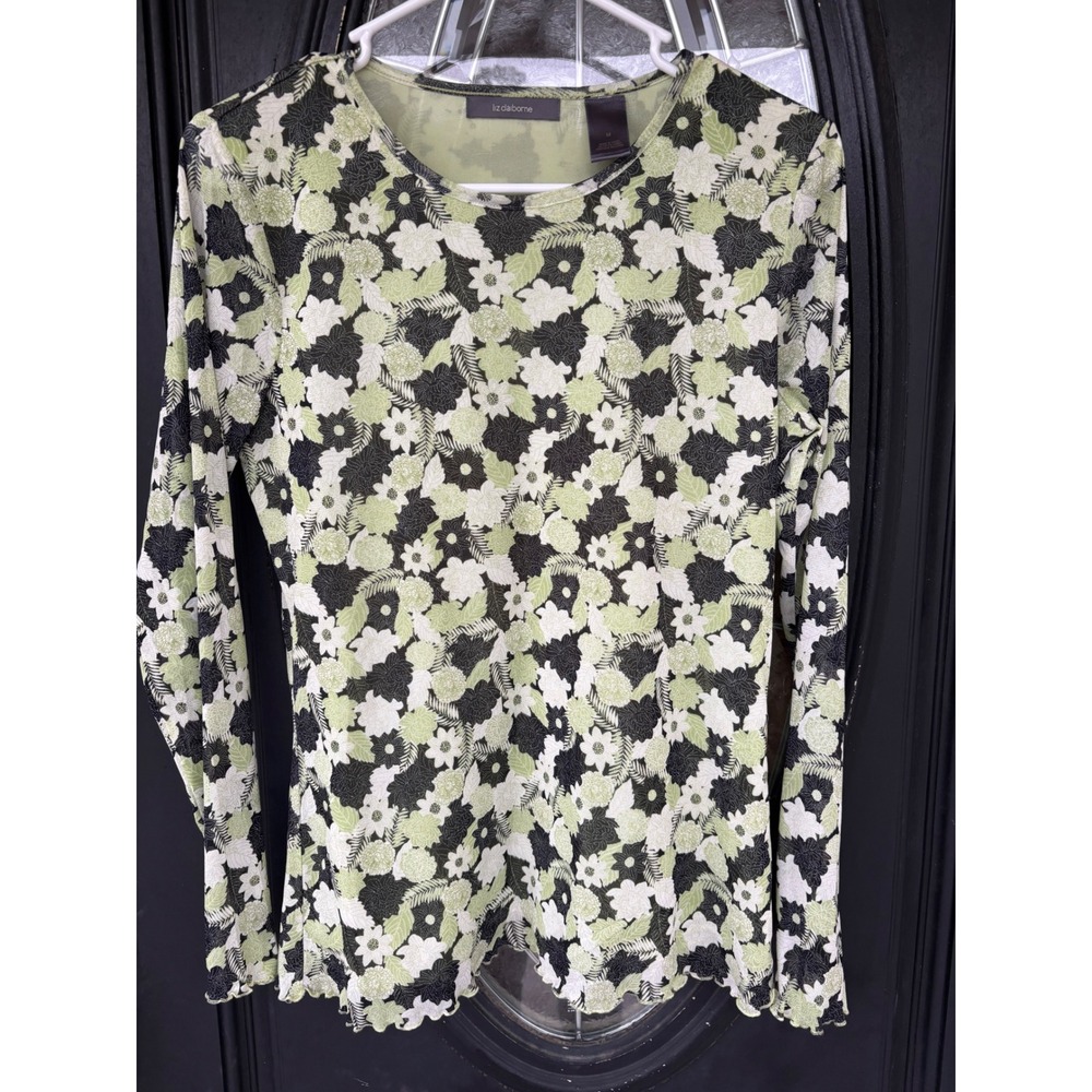 Liz Claiborne Womens Green Floral Mesh Long Sleeve Top Lettuce Edge Size M